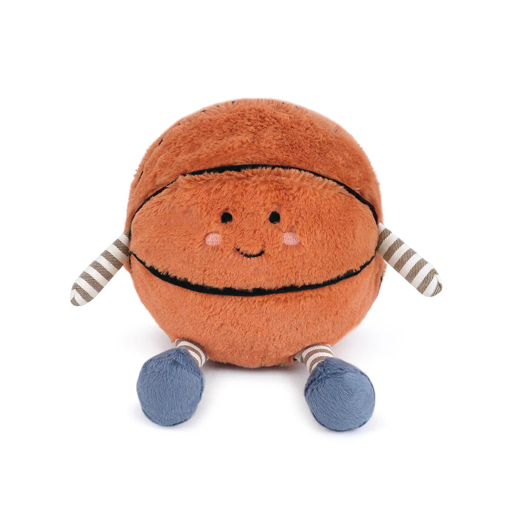 The Mon Ami Barclay Basketball Plush Toy features a smiling face, striped arms, and blue feet. It sits upright on a white background—ideal as a nursery toy or baby shower gift.