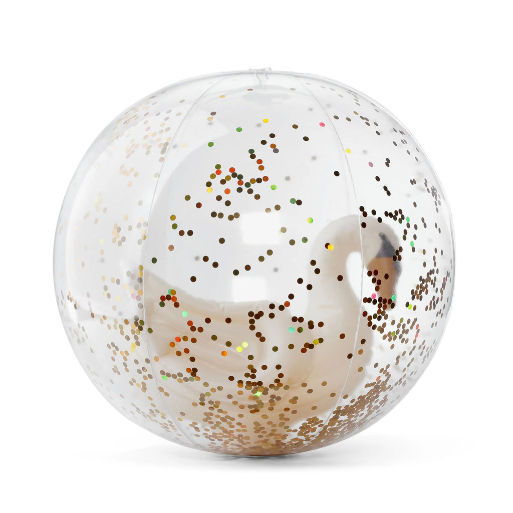A person partially visible inside a large transparent PVC Inflatable Swan Beach Ball adorned with colorful confetti, isolated on a white background.