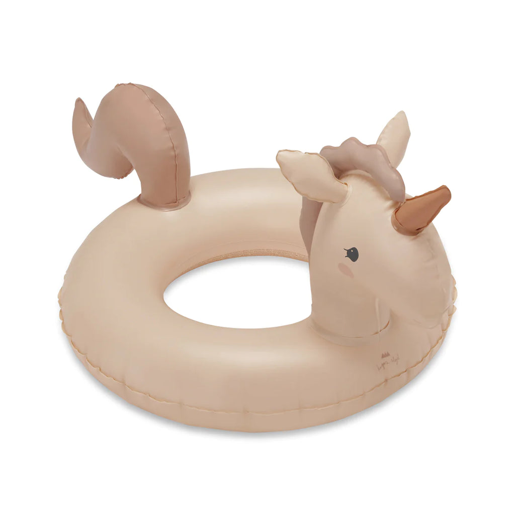 An inflatable pool float designed to look like a Inflatable Junior Swim Ring - Unicorn, featuring a durable PVC swim ring with a tan color and details like ears, eyes, and horns.