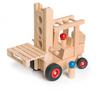 A Fagus Wooden Forklift with red and blue details, featuring movable parts and simple geometric shapes, isolated on a white background.