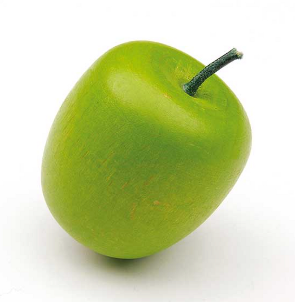 A single bright green Erzi Apple Green Pretend Food with a visible stem on a plain white background. The apple's surface shows subtle natural marks and a smooth texture.