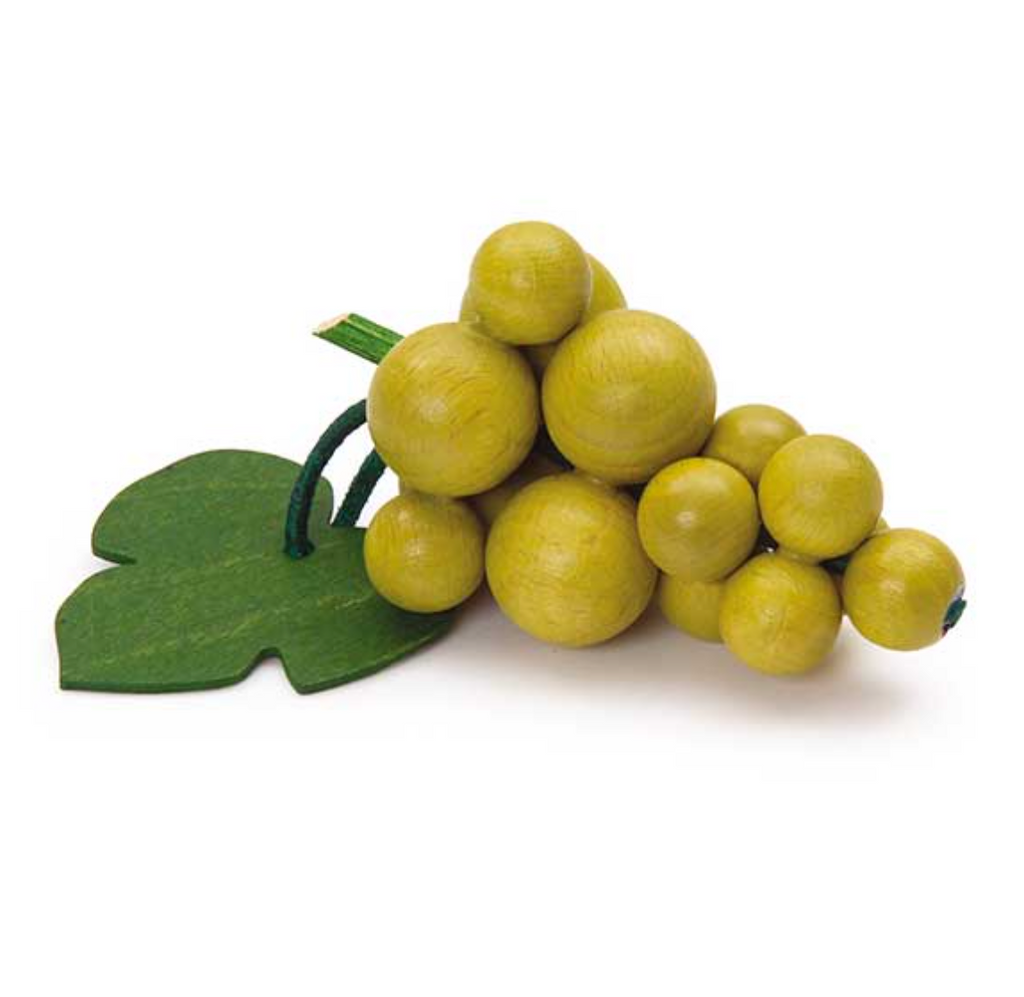 A cluster of realistic Erzi Green Grapes Pretend Food with a leaf, displayed on a white background.