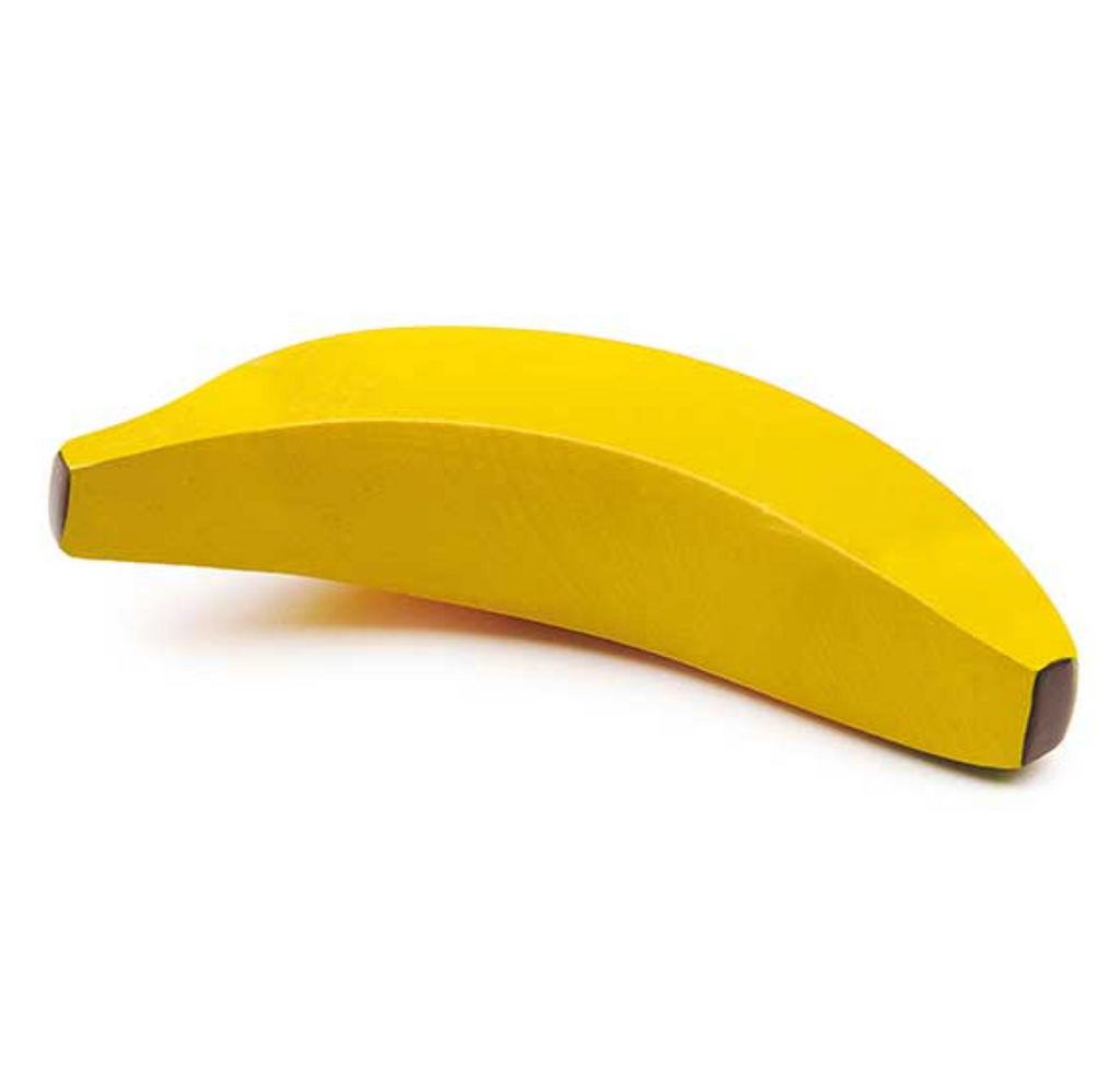 A large wooden toy in the shape of Erzi Banana Pretend Food, painted yellow with brown tips, isolated on a white background.