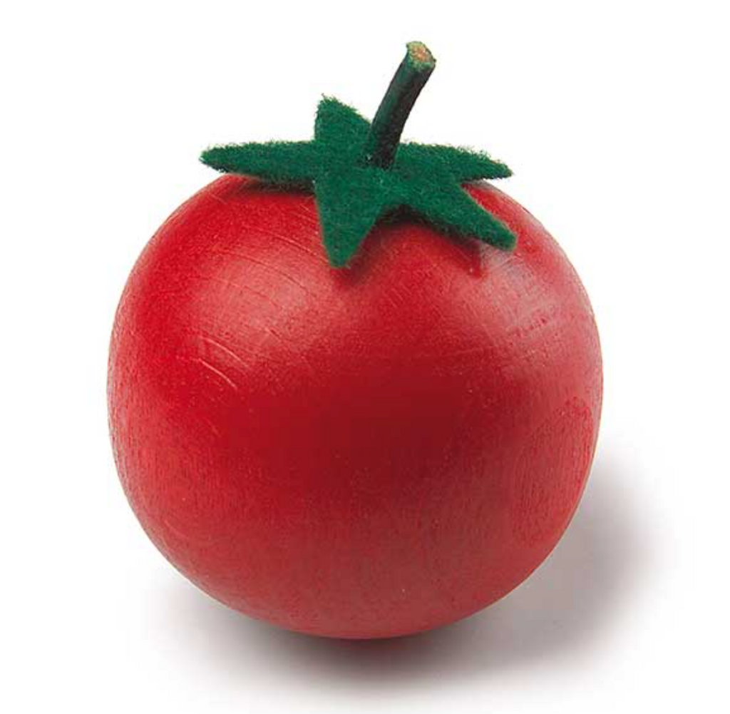 A wooden Erzi Tomato Pretend Food painted bright red with a green felt leaf and stem on a white background, crafted from beechwood.