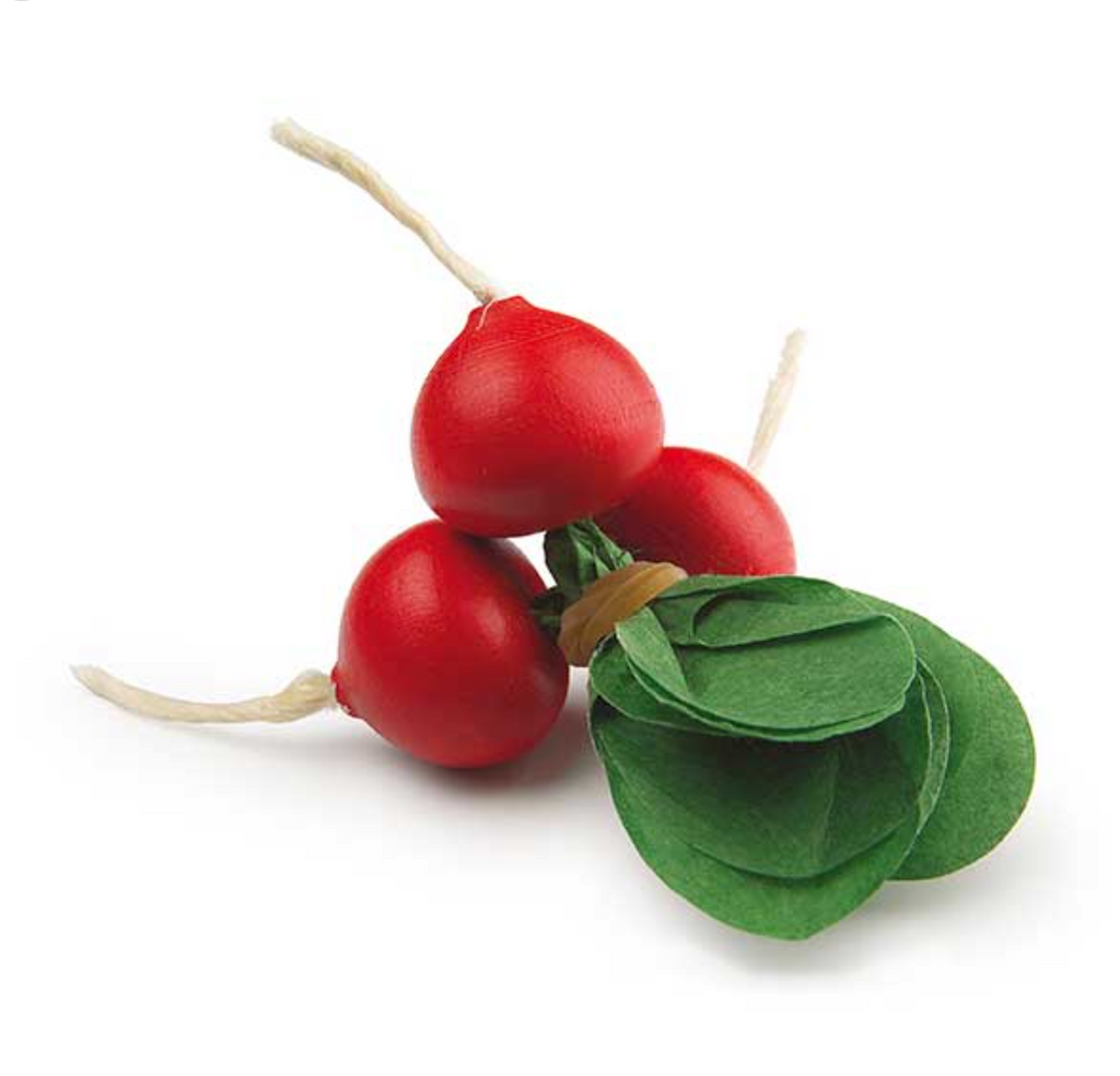 Three Radish Bunch Pretend Foods with vibrant red skin and white roots attached, handcrafted in Germany, accompanied by a few green spinach leaves, isolated on a white background.