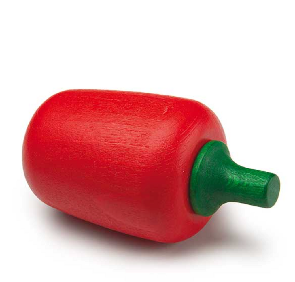 Erzi Red Pepper Pretend Food with a green stem on a white background.