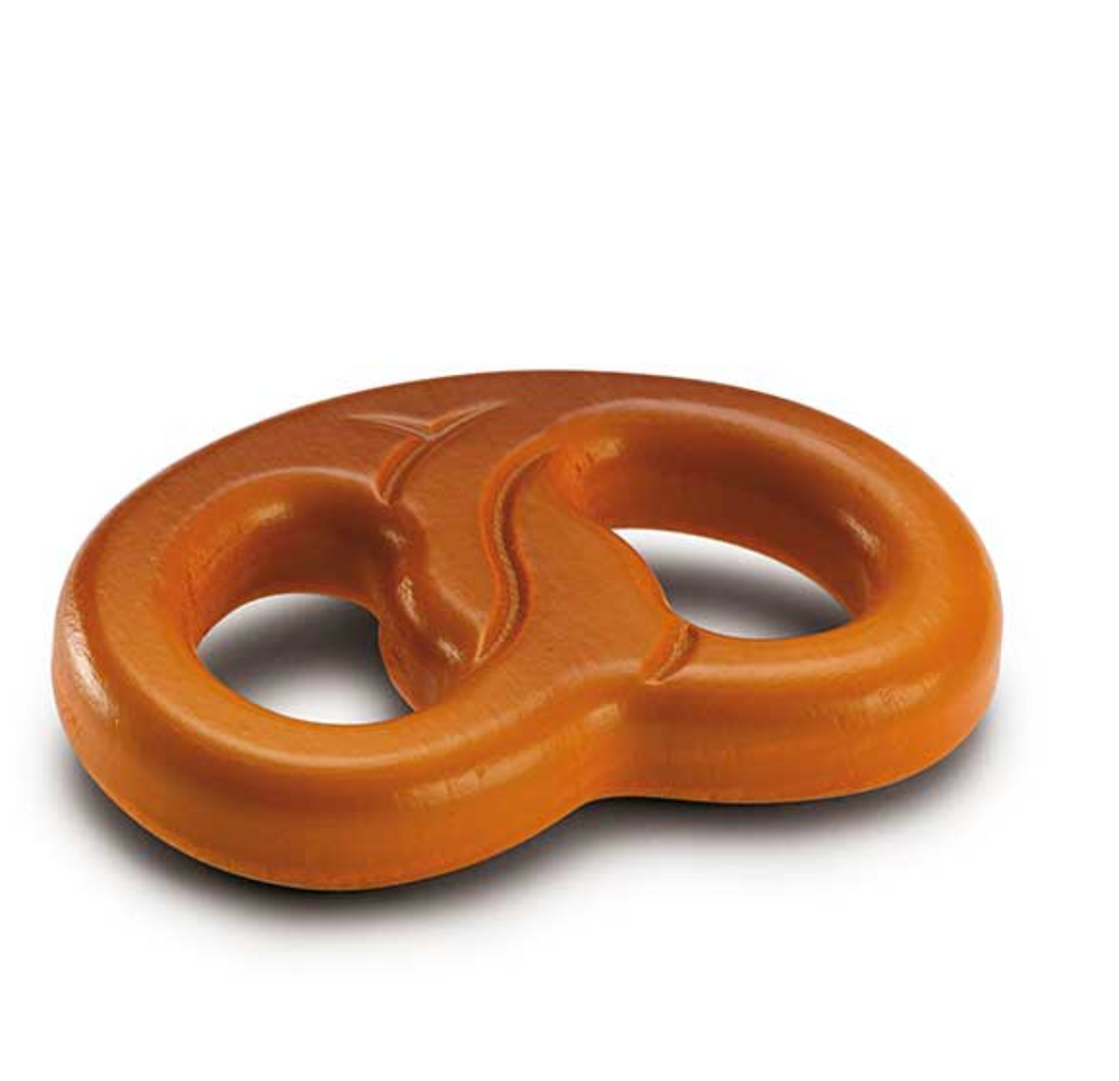 A single, shiny Erzi Pretzel Pretend Food shaped like a figure eight, resembling miniature food, displayed against a plain white background.