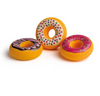 Three colorful Erzi Doughnuts Pretend Food on a white background. One has multicolored sprinkles, another has pink icing with drizzles, and the third features a pink and chocolate swirl design.