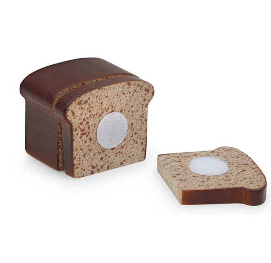 A realistic Erzi Bread to Cut Pretend Food loaf with one sliced piece beside it, both featuring detailed textures and colors, and a small round white label on each slice.