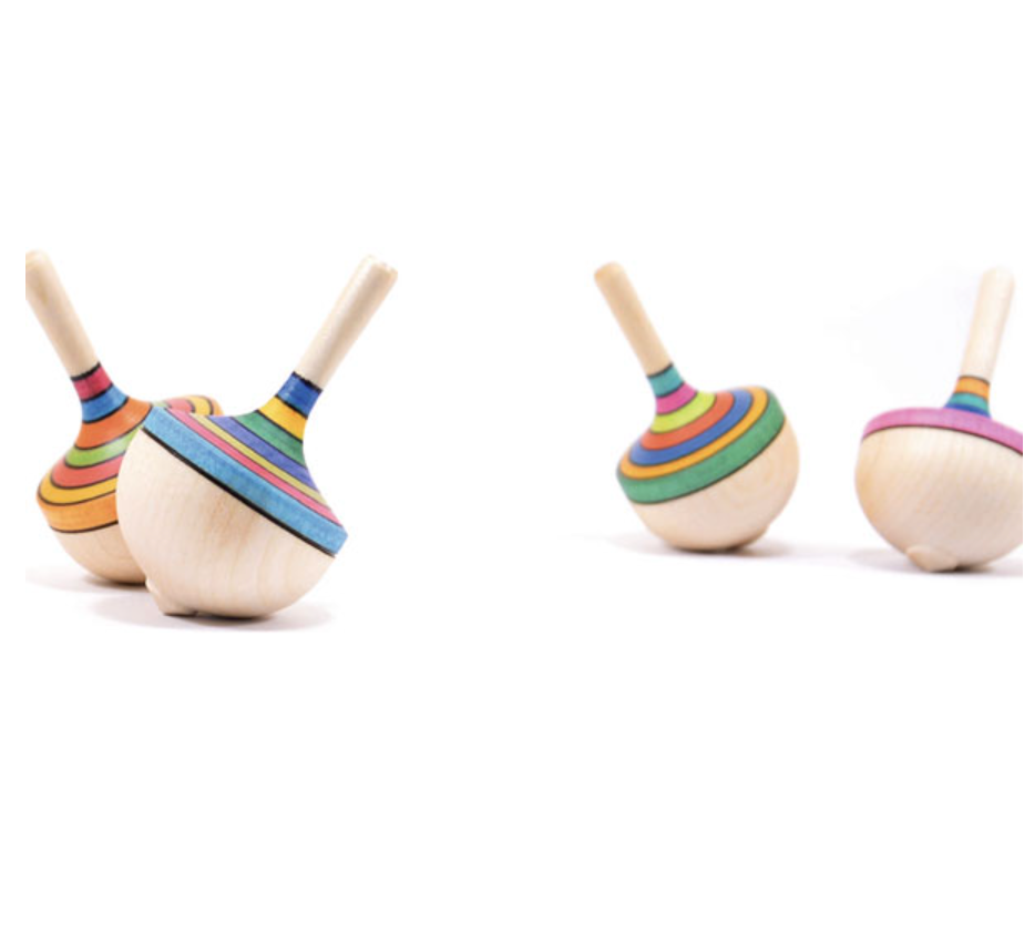 Three Traditional Spinning Top - Striped toys made of maple wood with colorful stripes are displayed on a white background; two are grouped on the left, and one stands alone on the right.