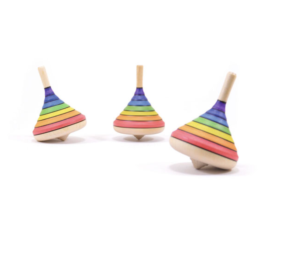Three Spinning Top - Rainbow toys made from maple wood display rainbow-colored stripes on a white background. Each features a pointed base and stick handle, crafted to meet toy safety standards.