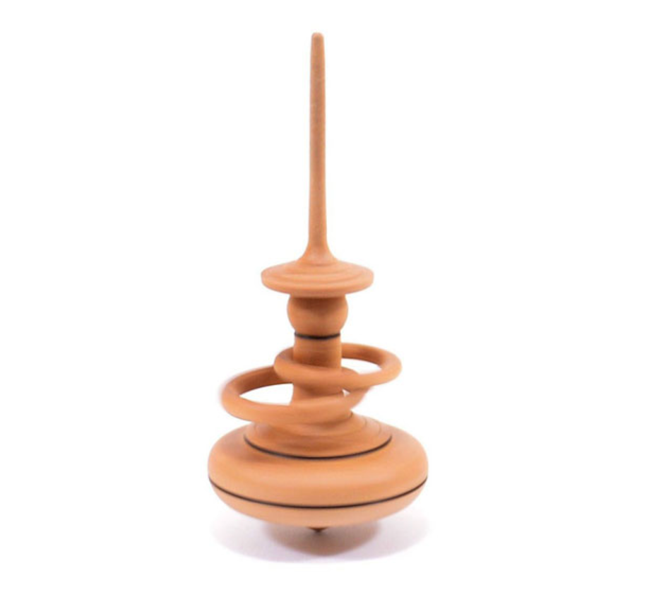 The Mader Apple Helene Top with Spinning Rings is a spinning top made from apple wood, featuring an elongated central handle and two decorative rings, shown upright on a white background.