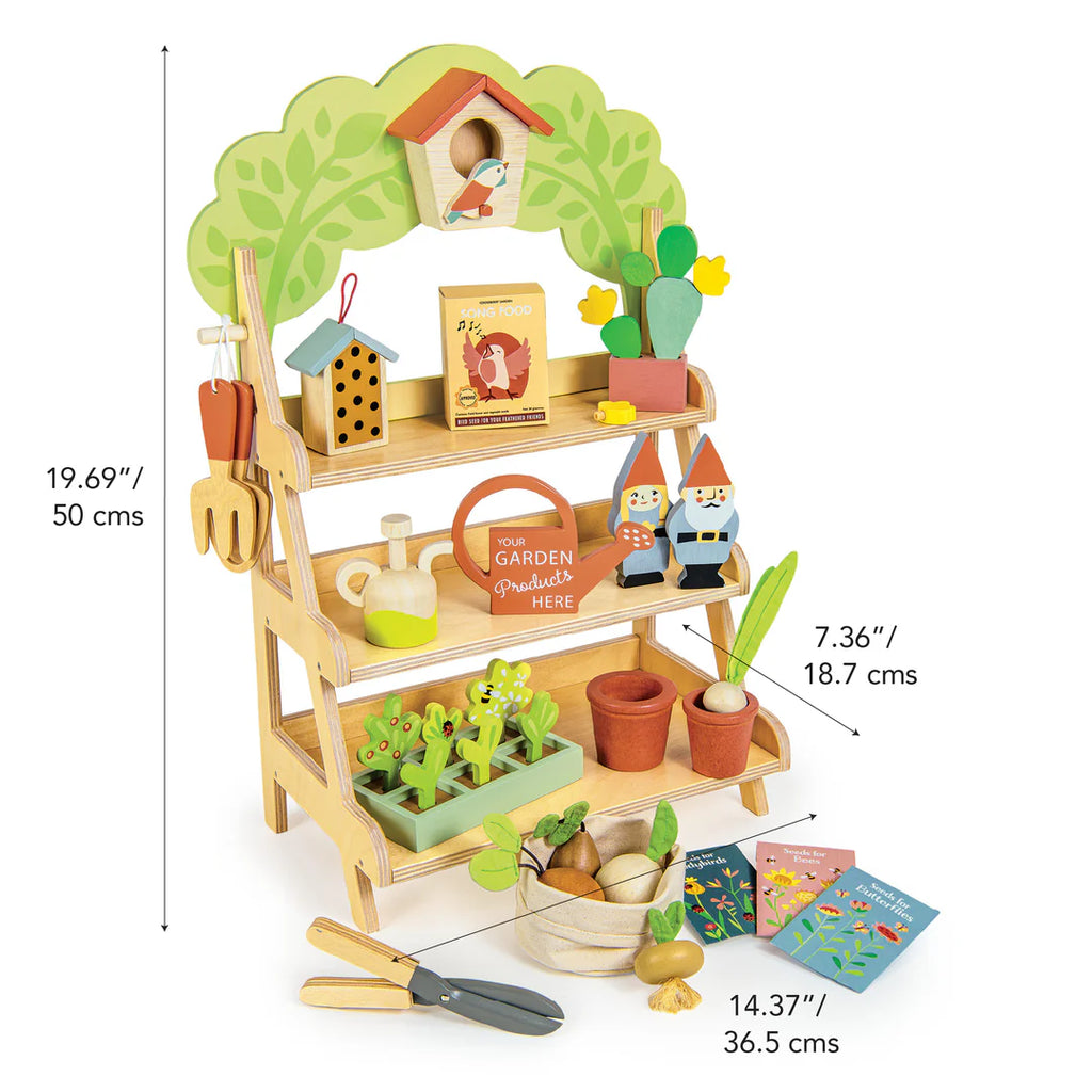 The Garden Center is a wooden play set featuring toy tools, plants, garden gnomes, and a birdhouse for a fun pretend play experience that helps nurture social and language skills. Dimensions: 19.69" x 7.36" x 14.37".