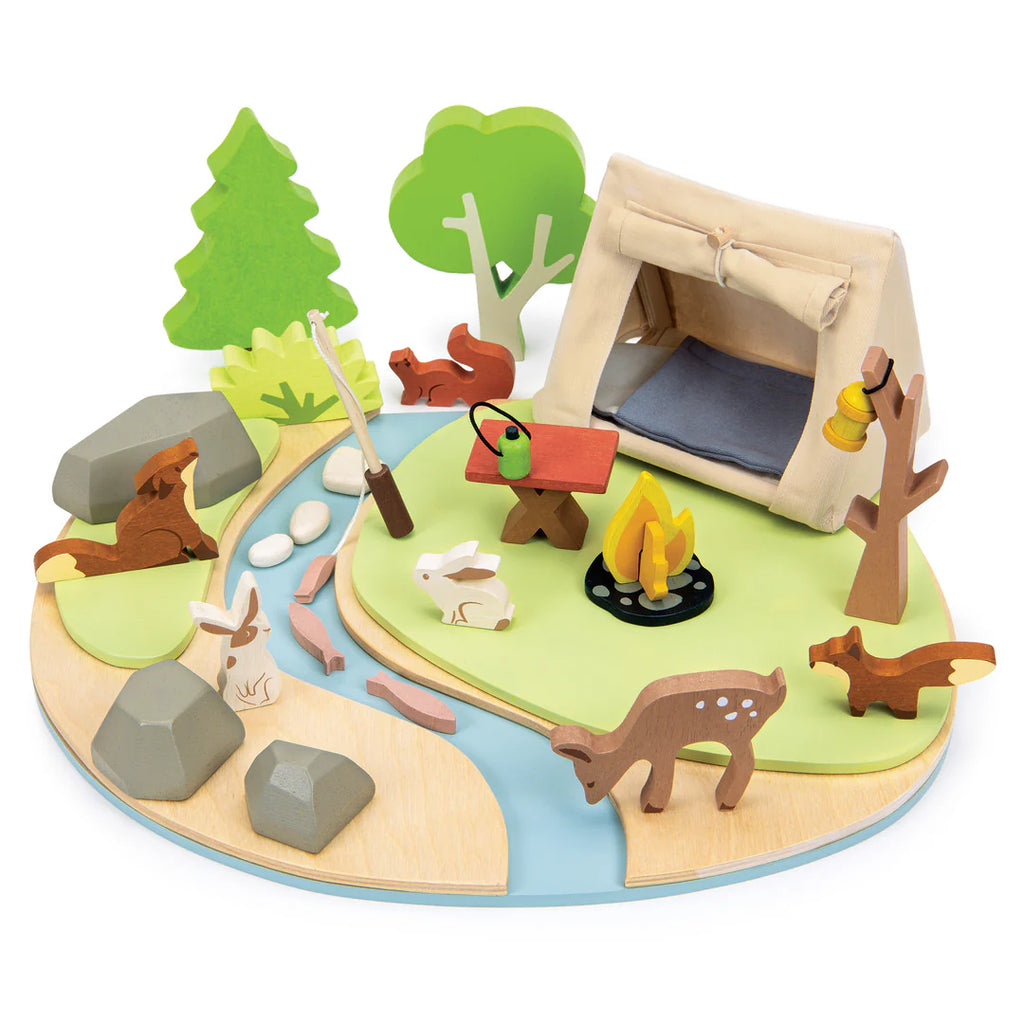 The Wildlife Camping Playset features a wooden campsite with a tent, campfire, trees, and animals like foxes, a rabbit, deer, and bear. Ideal for imaginative play and storytelling, this colorful scene beautifully captures natural details.