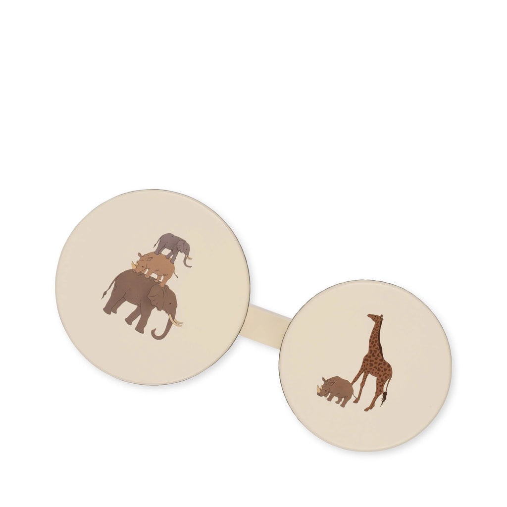 Round eyeglasses with animal illustrations: the left lens shows two elephants and a bird, while the right lens displays a giraffe and its calf. The glasses are crafted from Konges Sløjd Wooden Bongo Drums - Safari.