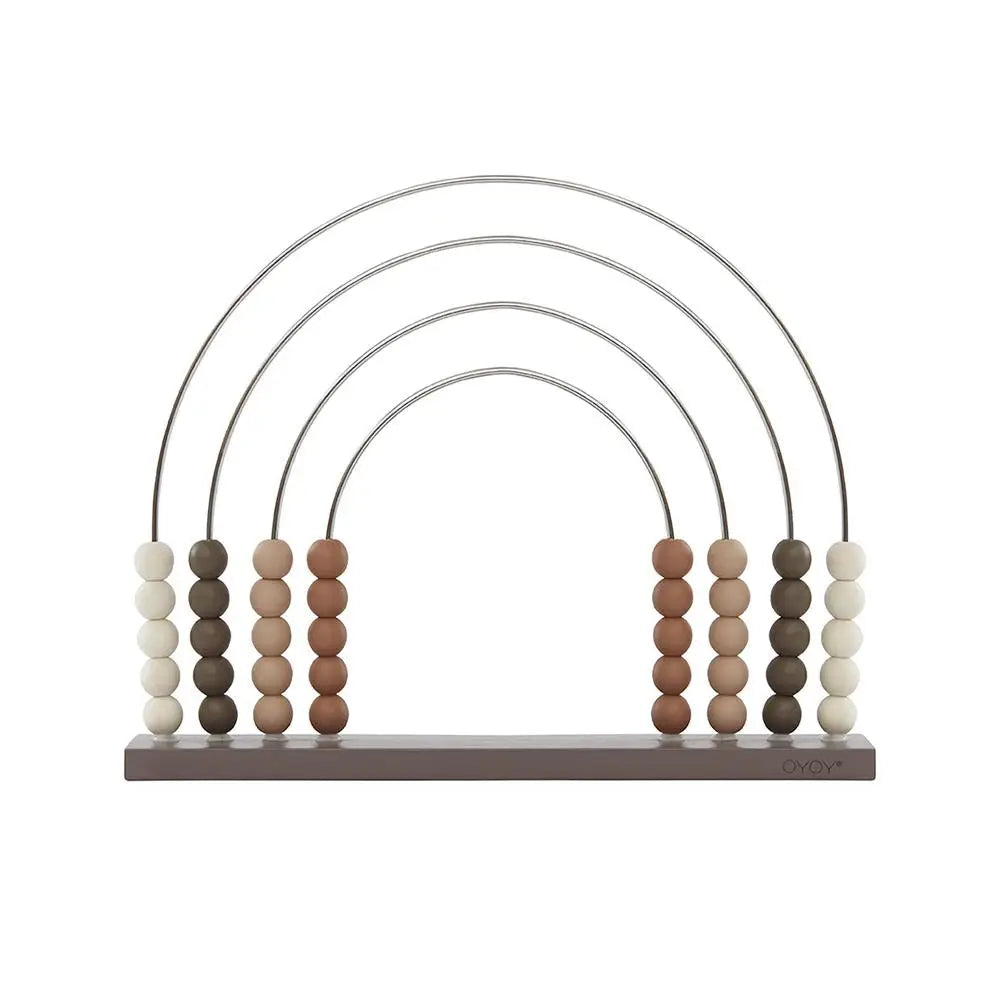 A Large Abacus Rainbow - Dark with a base labeled "oyoy," featuring a series of arches and colored beads in shades of white, beige, and brown arranged linearly on bars, perfect as a