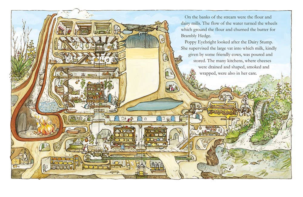 A detailed cross-section illustration from "Brambly Hedge: The Classic Collection by Jill Barklem" shows a lively underground home with rooms, a kitchen, storage, and animals. A short story on the right features Poppy Eyebright and the dairy mill’s mice adventures.