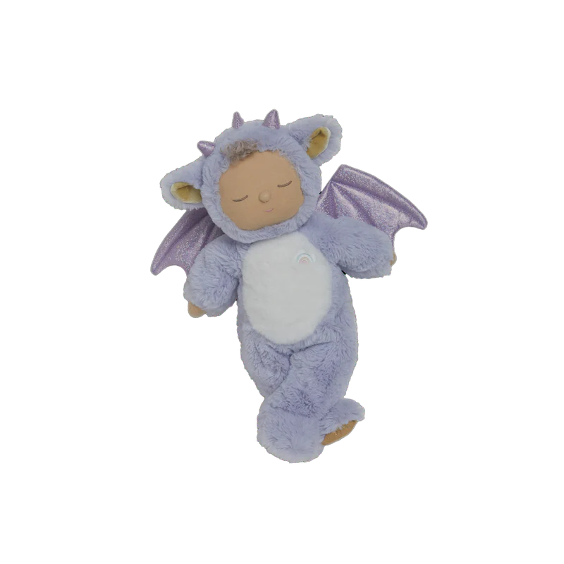 The Olli Ella Cozy Dinkum Dragon - Rory - Lavender is a gentle weighted plush doll in a soft lavender dragon costume with wings, ears, and horns, perfect for calming cuddles against a plain white background.