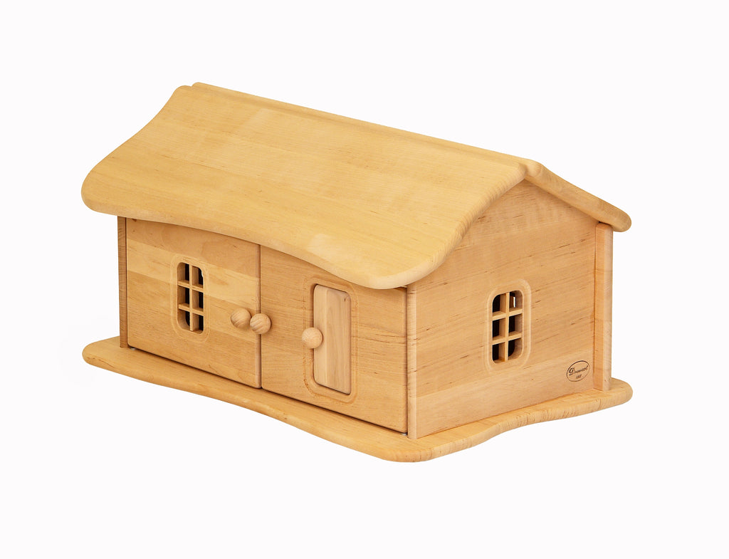 A small, high-quality Handmade Wooden Dollhouse Cottage-shaped box with a hinged roof and detailed features like windows and a front door, displayed against a white background.