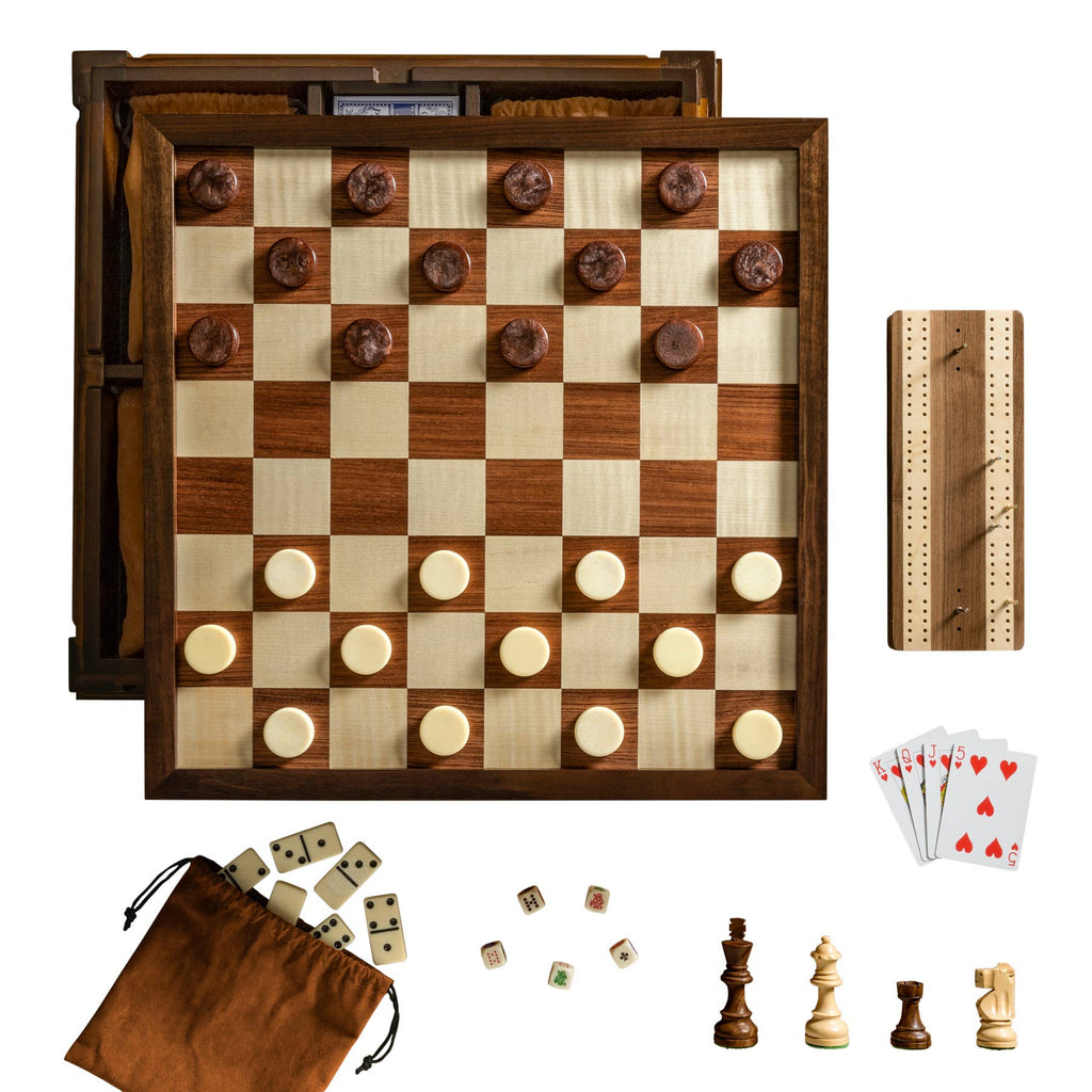 The Heirloom Edition: 7-in-1 by WS Game Company features Chess, Checkers, Backgammon, Cribbage, Poker Dice, Cards, and Dominoes in a walnut cabinet with classic game pieces shown on a white background.