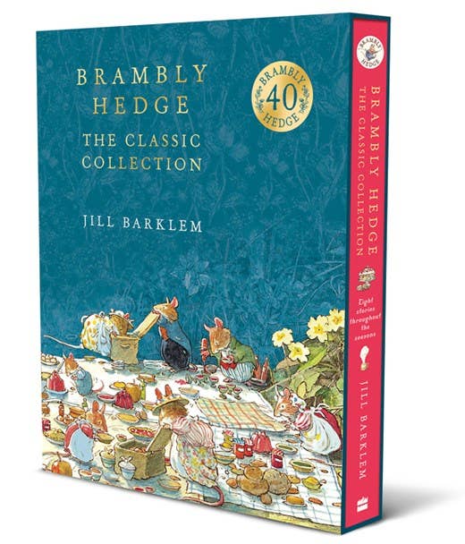 Book cover of Brambly Hedge: The Classic Collection by Jill Barklem, showing illustrated mice on a picnic under a blue sky, with a gold "40 Years of Brambly Hedge" seal.