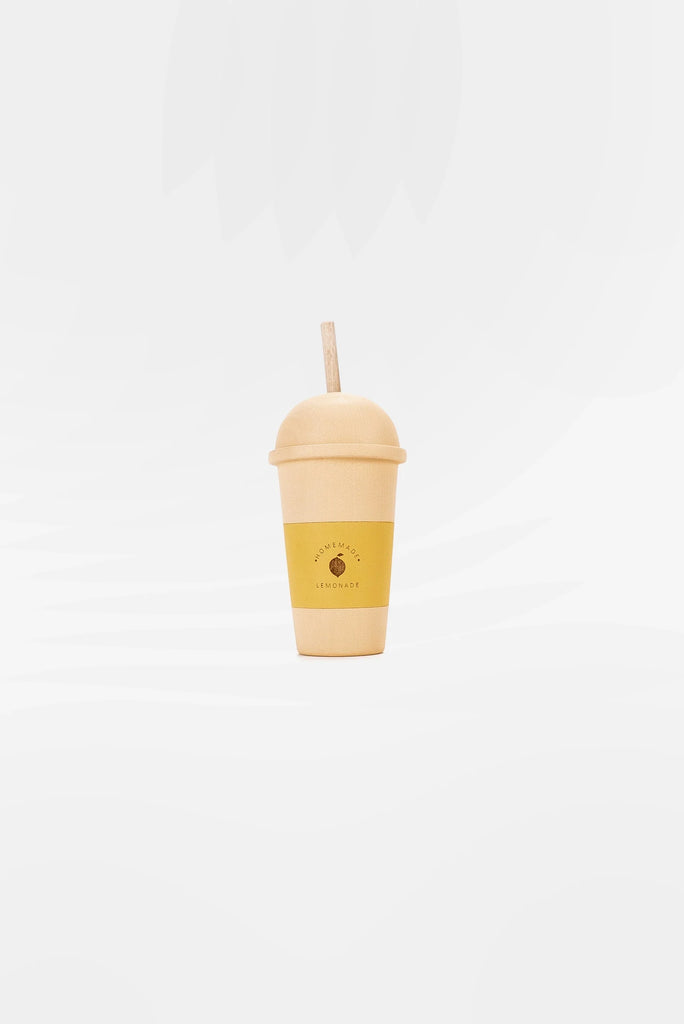 A Handmade Wooden Lemonade cup with a smiling sun logo and the word "smoothie" written below it, crafted using non-toxic water-based paint, placed on a white background with light shadows.