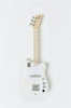 White Electric Guitar With Strap with a single cutaway and two pickups, positioned vertically on a plain white background.