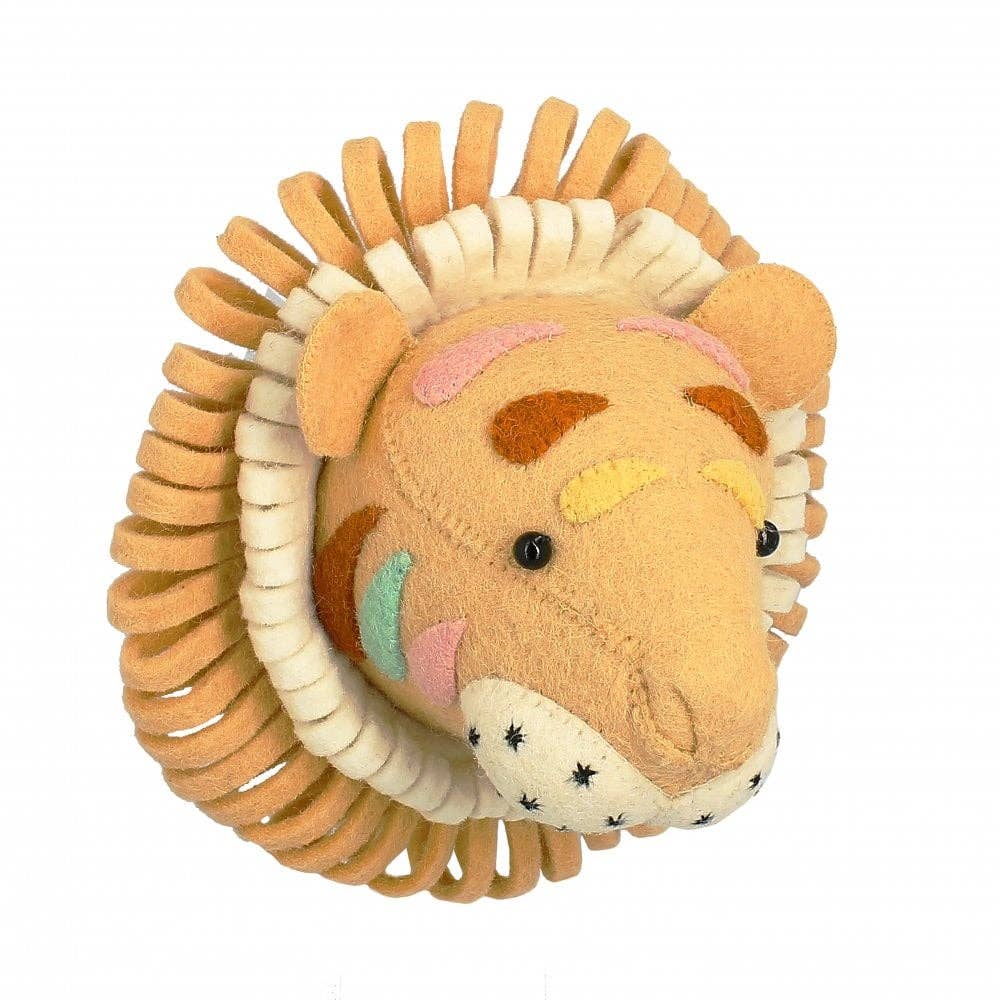 A handcrafted Felt Tiger Head Wall Decor - Mini with a mane made up of multicolored felt strips, featuring embroidered details and black bead eyes, isolated on a white background.