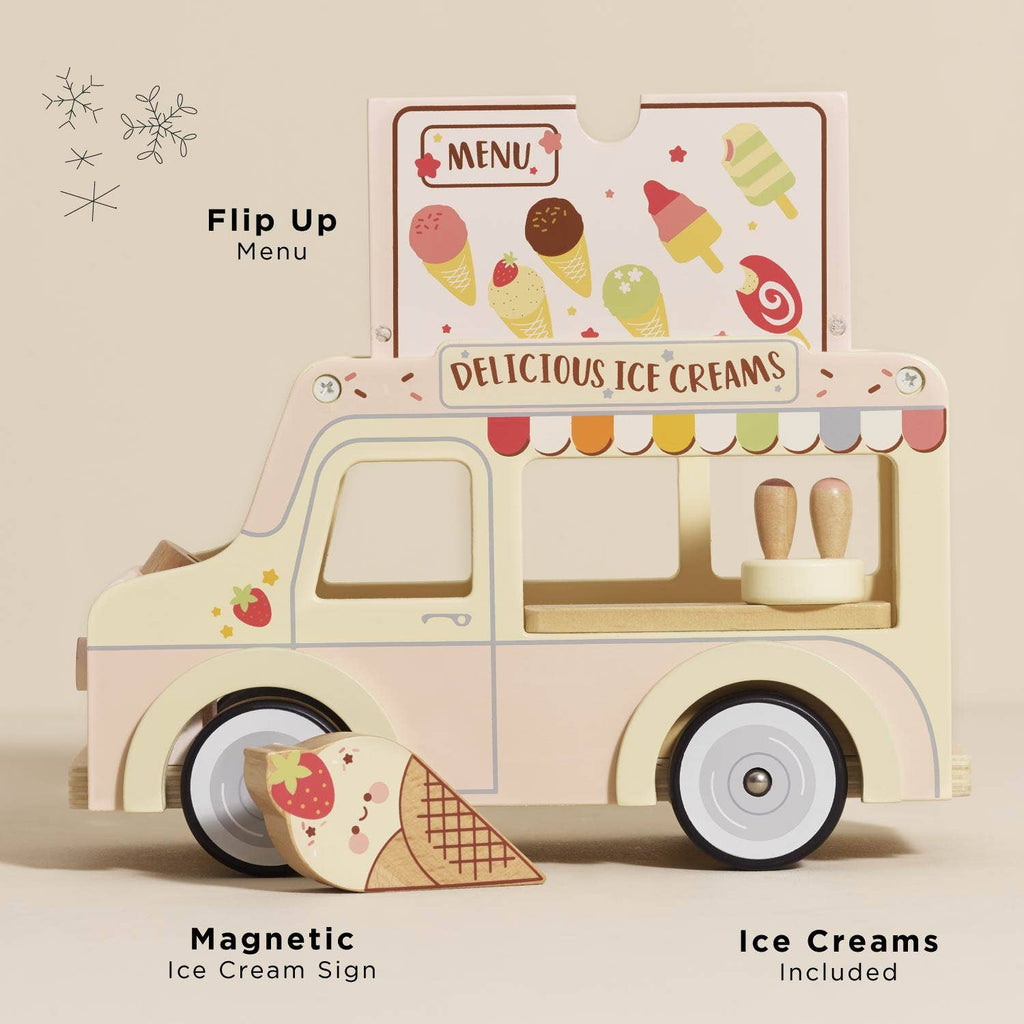 The Wooden Ice Cream Van (ships in one week) is a vintage-style, doll-sized toy with pastel colors, whimsical illustrations, flip-up menu, magnetic ice cream sign, and included ice cream pieces for playful fun.