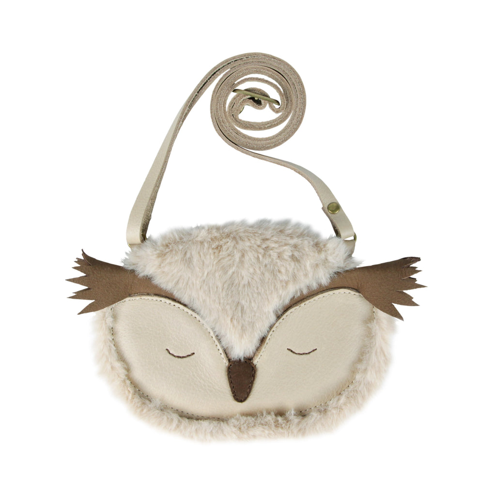 A fluffy, Donsje Britta Exclusive Purse - Owl with a gray strap and brown wing details. Crafted in premium leather, the bag features cute closed eyes and a small brown beak, giving it a sleeping look.
