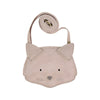 A Donsje Britta Classic Purse - Cat, cat-shaped cross-body bag with a rolled strap, featuring stitched details such as pointy ears, eyes, a nose, and whiskers, isolated on a white background.