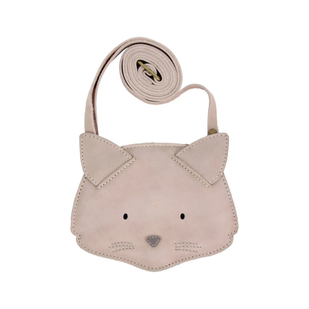 A Donsje Britta Classic Purse - Cat, cat-shaped cross-body bag with a rolled strap, featuring stitched details such as pointy ears, eyes, a nose, and whiskers, isolated on a white background.