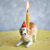 A decorative Golden Retriever cake topper, hand painted and crafted from porcelain, with a lit yellow candle on top, set on a yellow surface sprinkled with colorful confetti. The Golden Retriever wears a red hat.