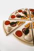 Sabo Concept Wooden Pizza toy slices arranged in a circle, each topped with various ingredients like mushrooms, tomatoes, and leaves, against a white background.