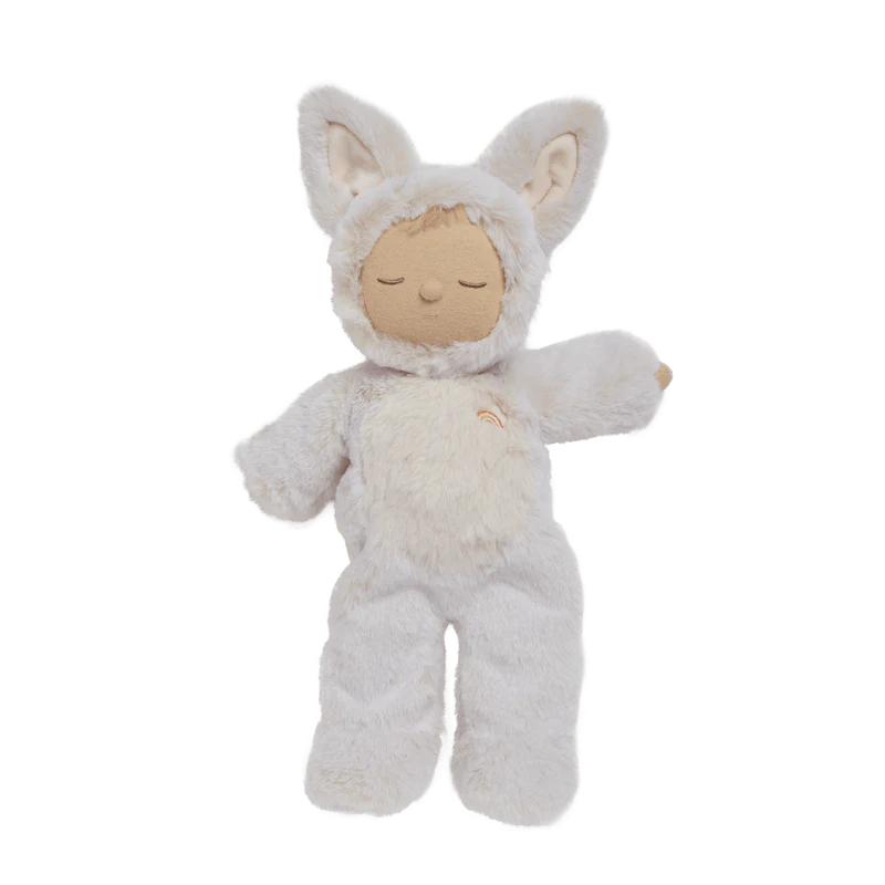 A cuddly plush toy with closed eyes, dressed in a fuzzy white bunny costume with long ears and a hood, lies on a plain white background—it's the Olli Ella Cozy Dinkums Fox - Fenix.