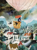 Illustration of a woman with flowing red hair, riding in a hot air balloon over a whimsical landscape with green mountains, a village, and flying birds, designed by Adelina Lirius on A Voyage Puzzle - 1000 Piece.