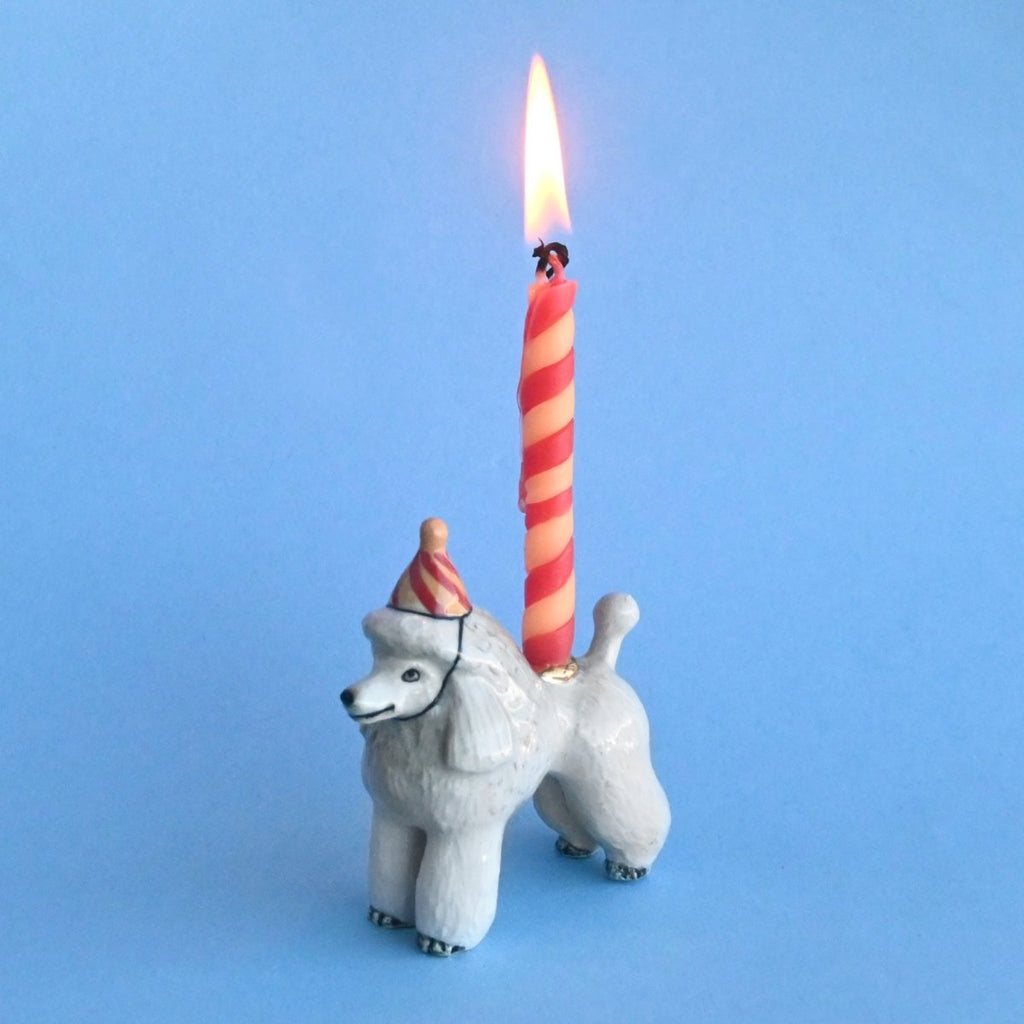 A whimsical Poodle Cake Topper with a lit red and white striped candle on its back against a plain light blue background.