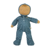 A Olli Ella Dozy Dinkums - Bug from the Limited-edition Daydream Collection wearing a blue onesie with a star pattern and a hood, featuring a neutral facial expression stitched with simple details, against a black background.