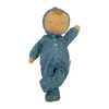 A Olli Ella Dozy Dinkums - Bug doll with a sleeping face wearing a blue onesie with white polka dots against a black background. The doll has a flat, round head resembling a moon, adding a
