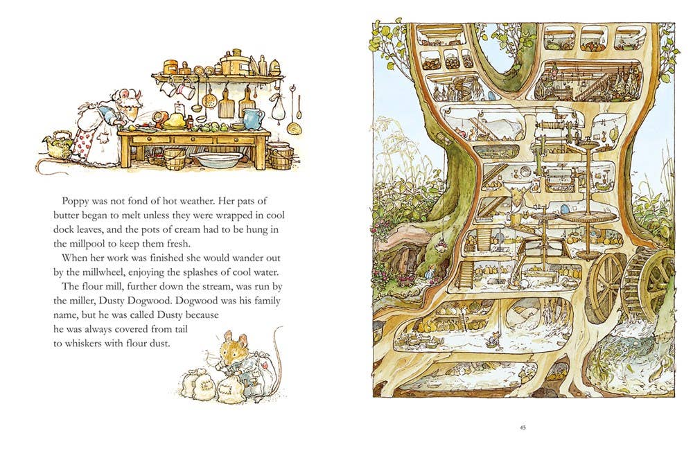 A storybook page from Brambly Hedge: The Classic Collection by Jill Barklem shows a cozy mouse family in their detailed, multi-level tree home, capturing charming rooms and tunnels inspired by beloved mice adventures.