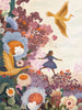 A whimsical illustration by artist Adelina Lirius in the Among Flowers Puzzle - 500 Piece shows a girl on a bicycle surrounded by vibrant, oversized flowers and a flying bird, all portrayed in a dreamy, colorful style.
