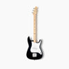 A black and white Fender X Loog Stratocaster Electric Guitar with a maple neck, isolated on a white background. The guitar is oriented vertically, displaying its entire structure.