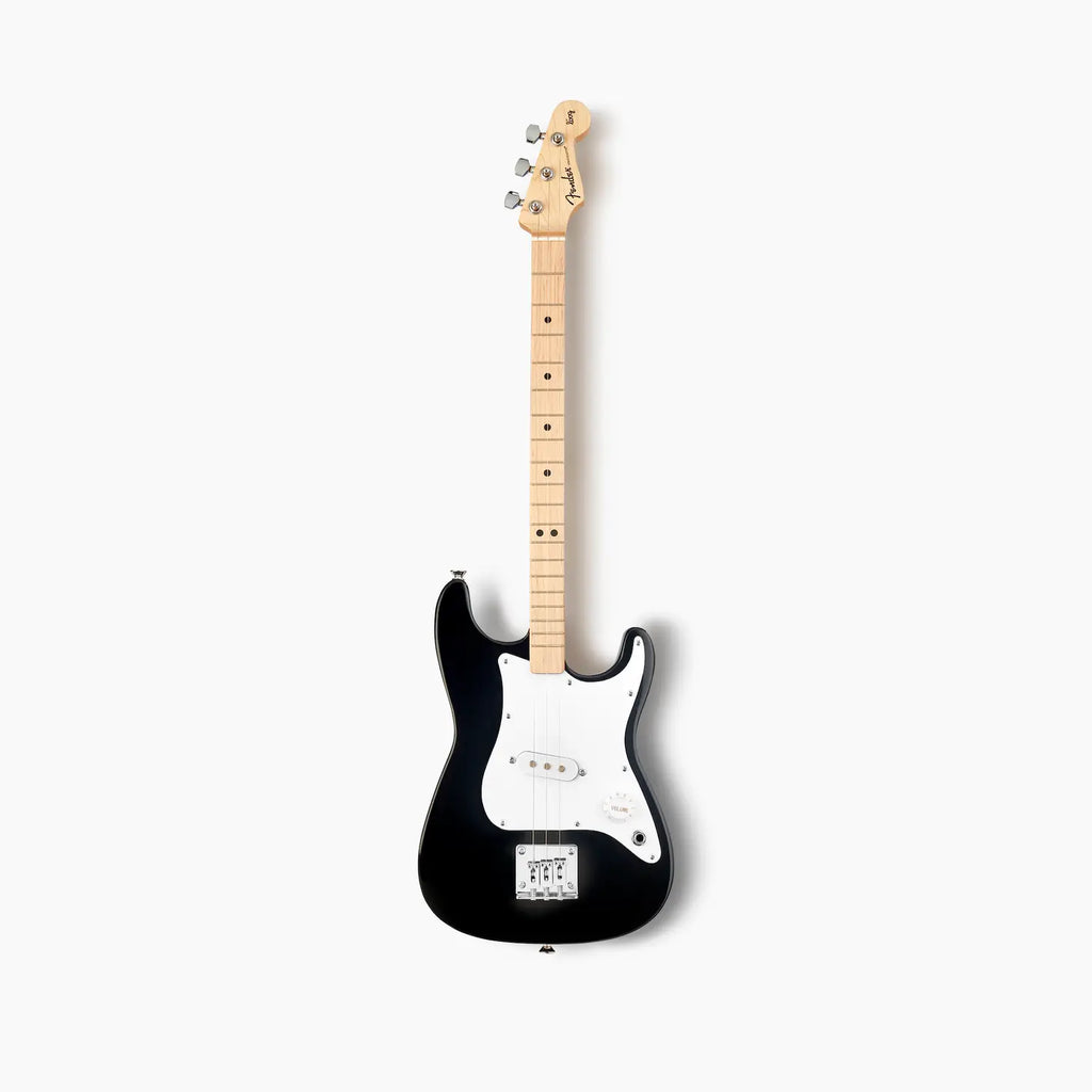 A black and white Fender X Loog Stratocaster Electric Guitar with a maple neck, isolated on a white background. The guitar is oriented vertically, displaying its entire structure.