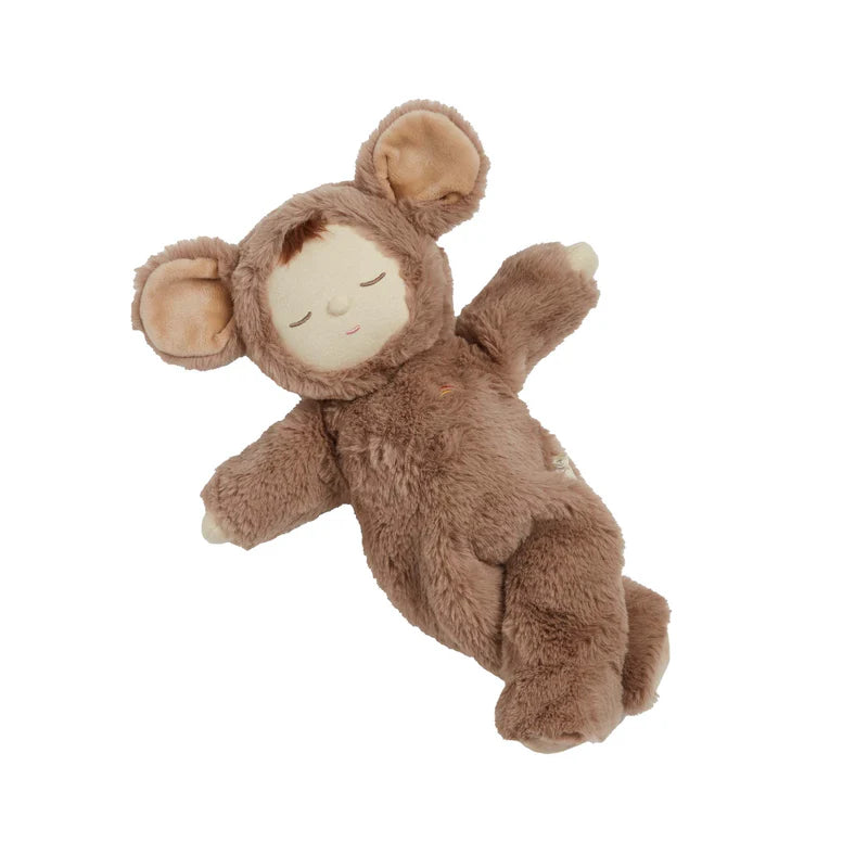 The Olli Ella Cozy Dinkum - Mousy Pickle plush toy features a soft, light brown mouse costume with big round ears and a soothing embroidered sleeping face, providing comfort while lying on its back.