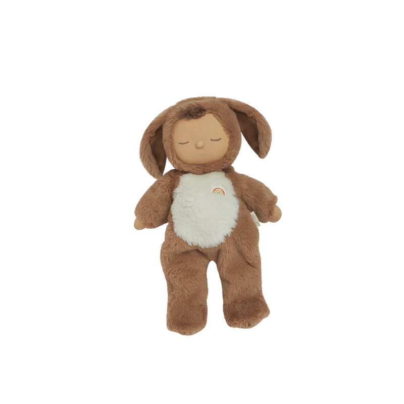 The Olli Ella Cozy Dinkum - Dog Digby is a soft recycled plush doll dressed in a cute dog costume with floppy ears, a white belly patch, closed eyes, and a gentle, peaceful expression.