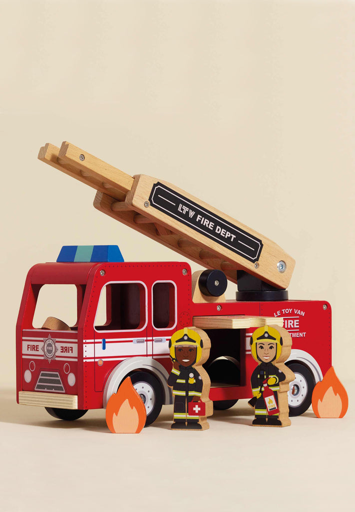 The Wooden Toy Fire Engine & Characters features a retro red design with white stripes, a blue light, an extendable ladder, two firefighter figures, and two wooden flames for imaginative play.
