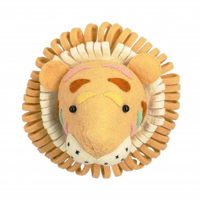 A plush tiger face with a detailed mane made from folded ribbon, ethically handcrafted. The tiger has embroidered facial features, such as eyes and a nose, with subtle blush and freckles on.