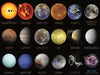 NASA Space Travel Poster showcasing planets and celestial bodies in our solar system: the sun, Mercury, Venus, Earth, Earth's moon, Mars, Jupiter, Callisto, Io, Saturn poster.