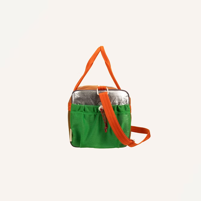 The Sticky Lemon Sports Bag | Better Together is a small, square retro bag made from recycled PET bottles with an orange strap, green front pocket, gray top flap, and waterproof lining—shown on a plain light background.