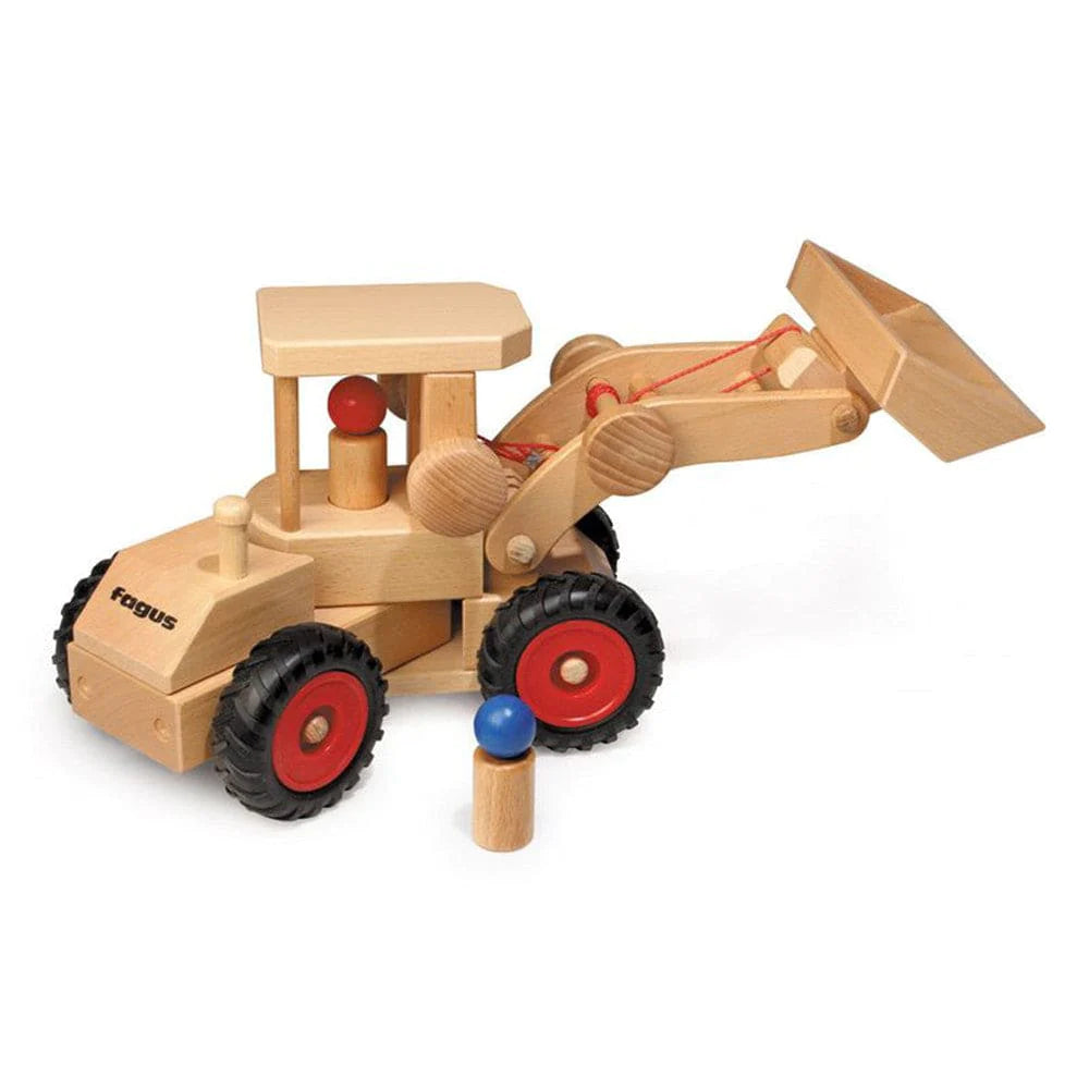 A Fagus Wooden Front Loader with red and blue accents, featuring movable parts and a small figurine seated inside. The toy is labeled "focus" and displayed on a white background.